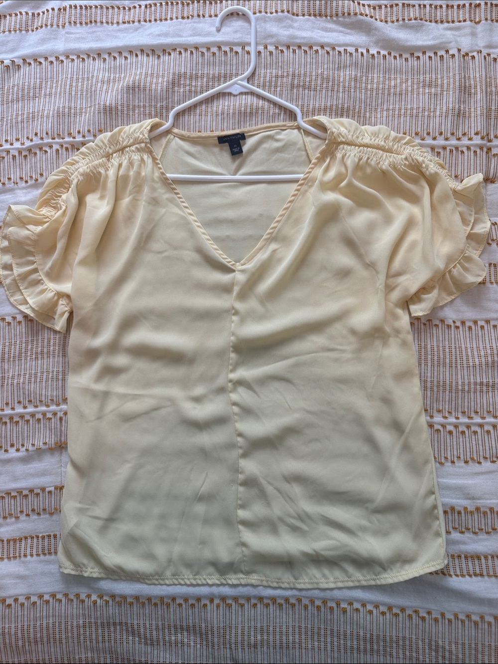 Ann Taylor Butter Yellow V-Neck Ruffle Sleeve Top